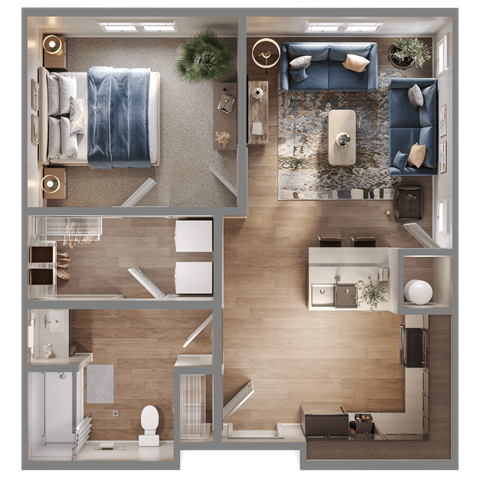 Floor plan for 1 bed, 1 bath, 651 sqft